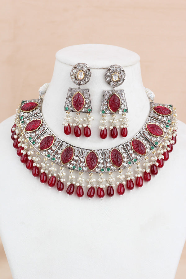 Red Silver Polish Kundan Necklace Set With Earrings And Tikka(IGNK010)