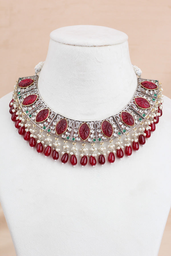 Red Silver Polish Kundan Necklace Set With Earrings And Tikka(IGNK010)