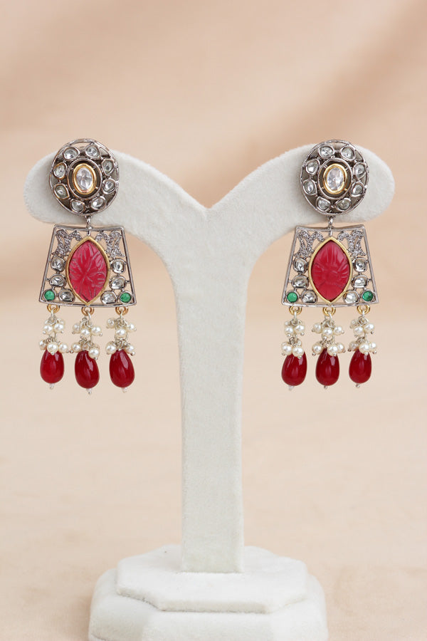 Red Silver Polish Kundan Necklace Set With Earrings And Tikka(IGNK010)