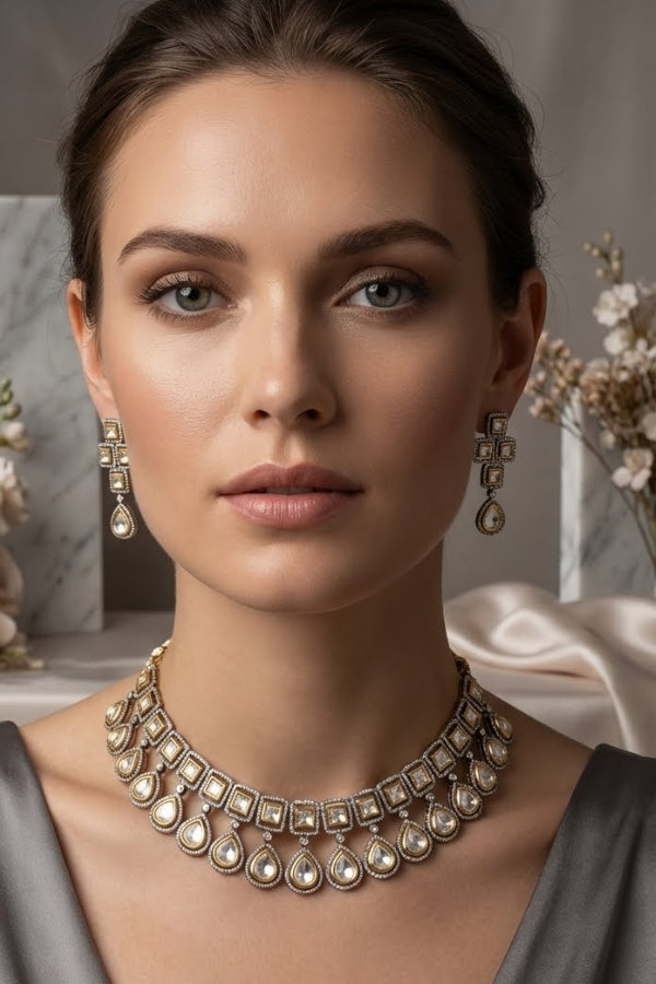 Rhodium Kundan Necklace Set With Gold And Silver Polish With Matching Earrings(NK014R-Kundan)