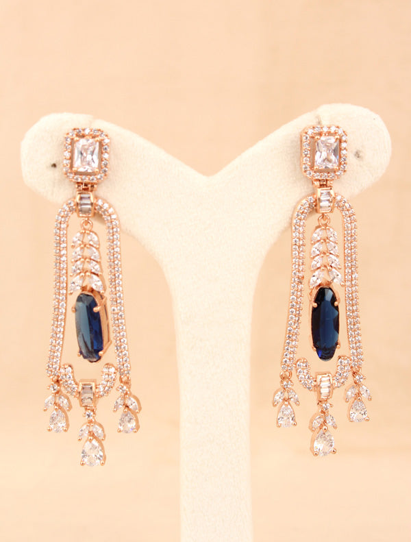 Rose Gold Polish Long And Slim American Diamonds Earrings With Blue Colour Center Stone (ADE014-B)