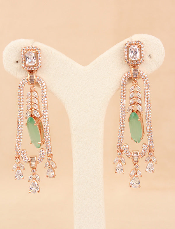 Rose Gold Polish Long And Slim American Diamonds Earrings With Mint Green Colour Center Stone (ADE014-MG)