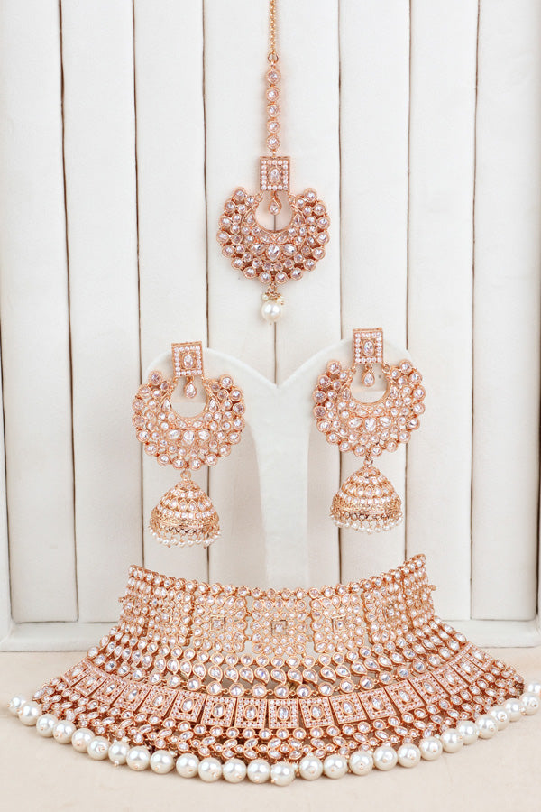 Rose Gold Polish Polki Choker Set With Large White Pearls And Earrings Also Tikka (CS006-Polki-B2)