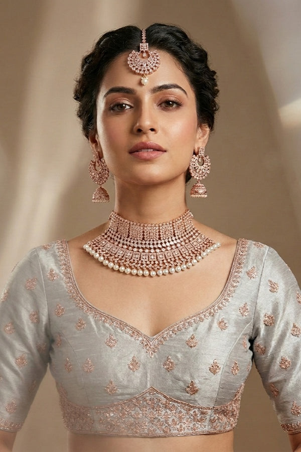 Rose Gold Polish Polki Choker Set With Large White Pearls And Earrings Also Tikka