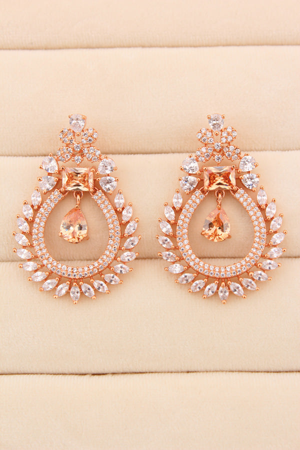 Rose Gold Polish Statement Earrings With Copper Colour Center Stone (ADE017)