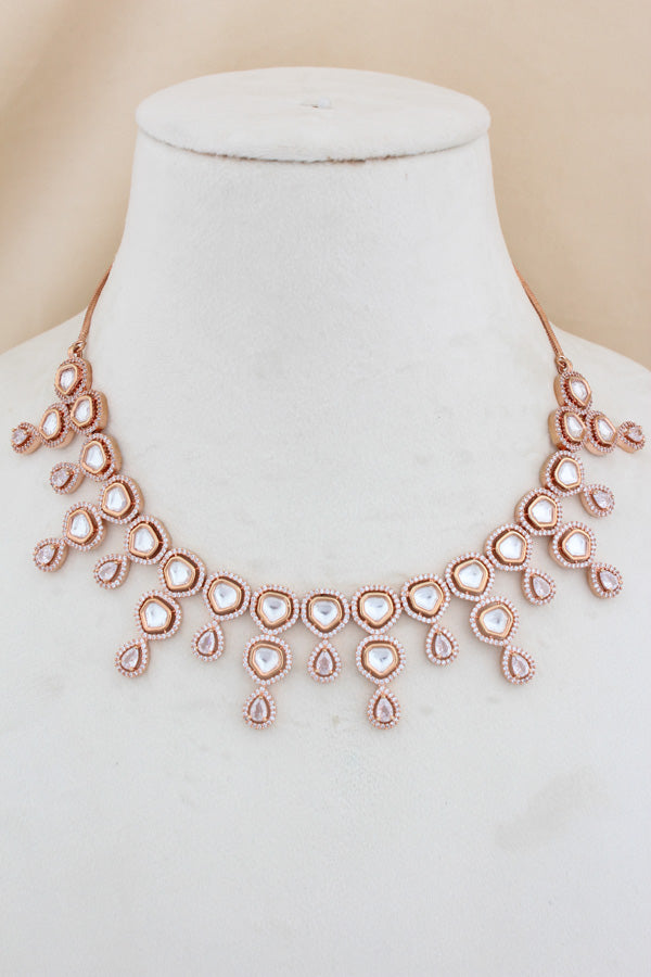 Rosegold Polish Kundan Necklace Set With American Diamonds And Long Earrings (NK023RG-Kundan)