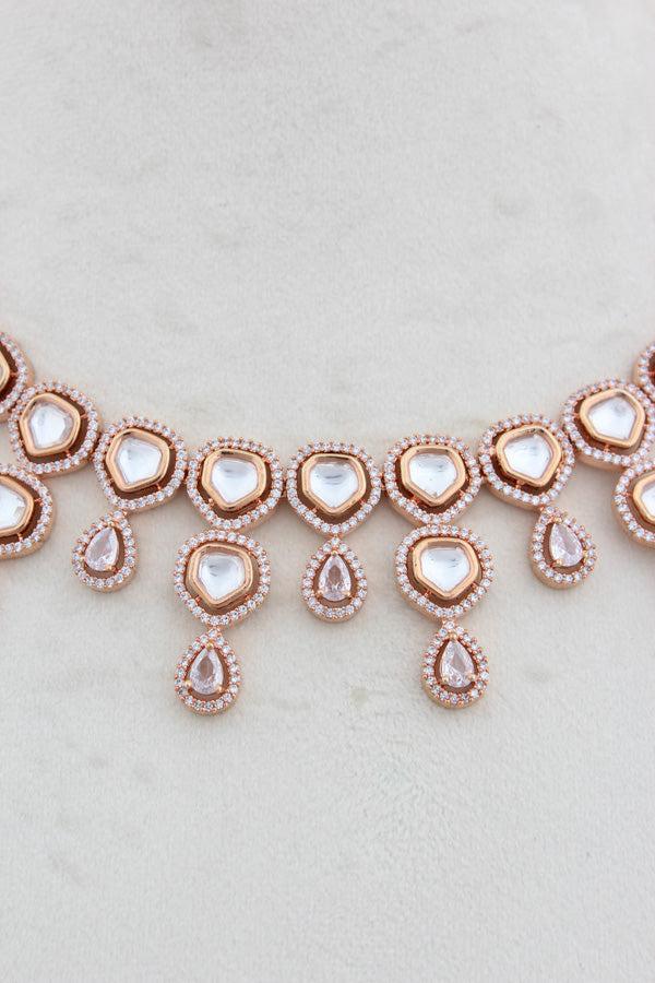 Rosegold Polish Kundan Necklace Set With American Diamonds And Long Earrings (NK023RG-Kundan)