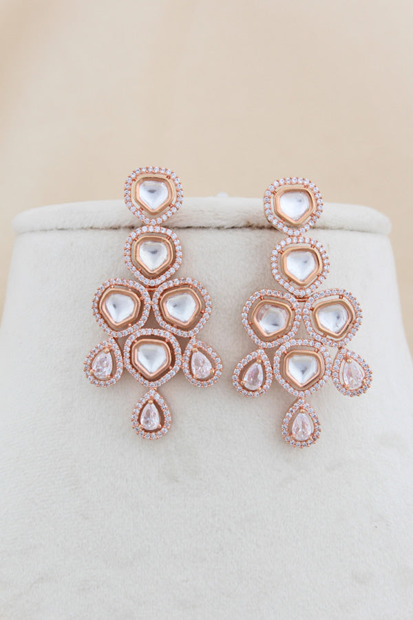 Rosegold Polish Kundan Necklace Set With American Diamonds And Long Earrings (NK023RG-Kundan)