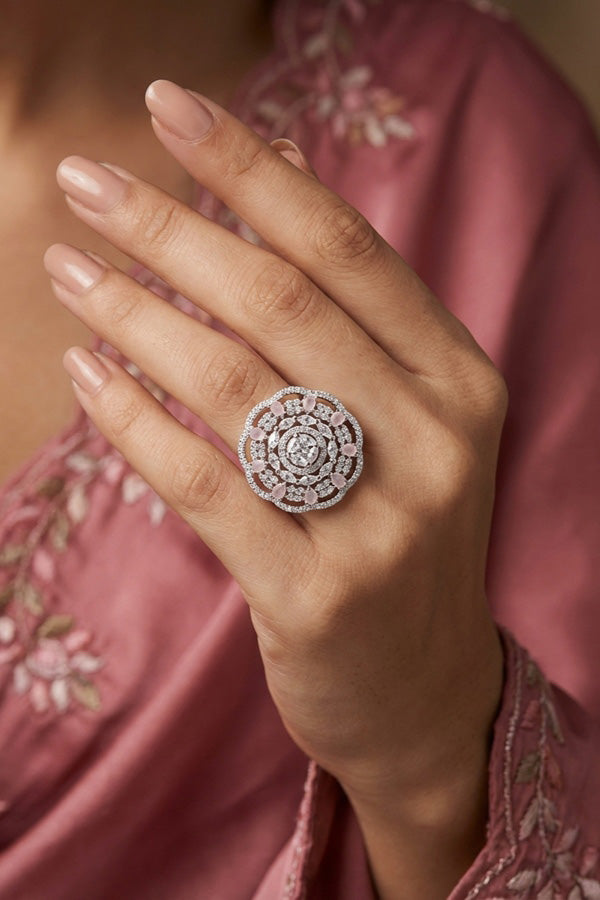 Round Shape American Diamond Ring In Premium Quality And Adjustable With Pink Stones (ADR008-P)