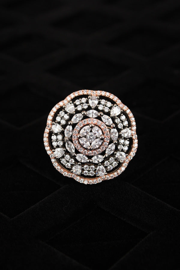 Round Shape American Diamond Ring In Premium Quality And Adjustable With Rose Gold Stones (ADR008-RG)