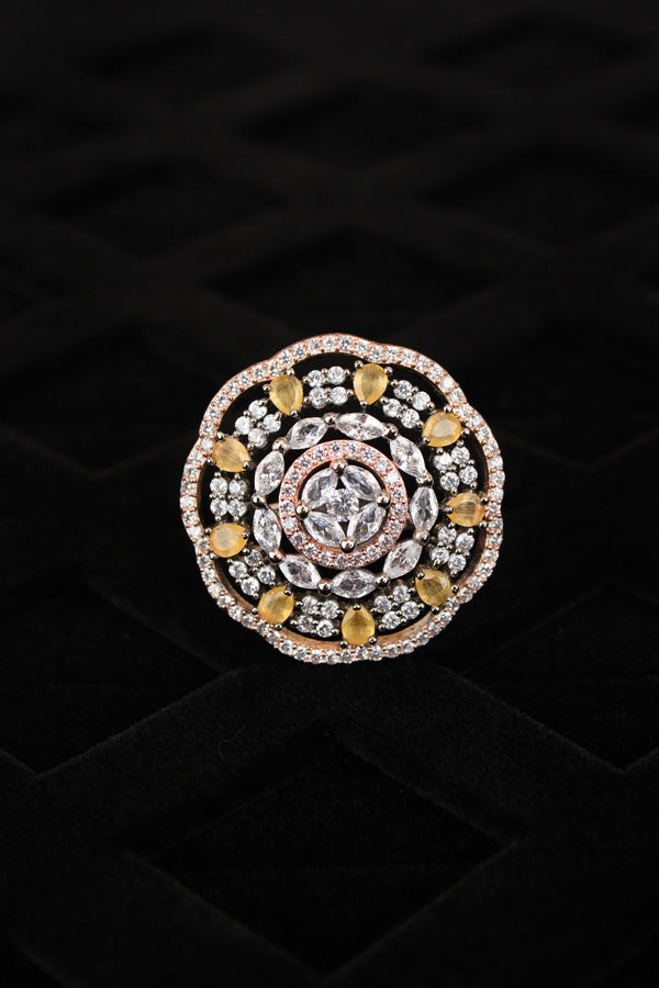 Round Shape American Diamond Ring In Premium Quality And Adjustable With Yellow Stones (ADR008-Y)