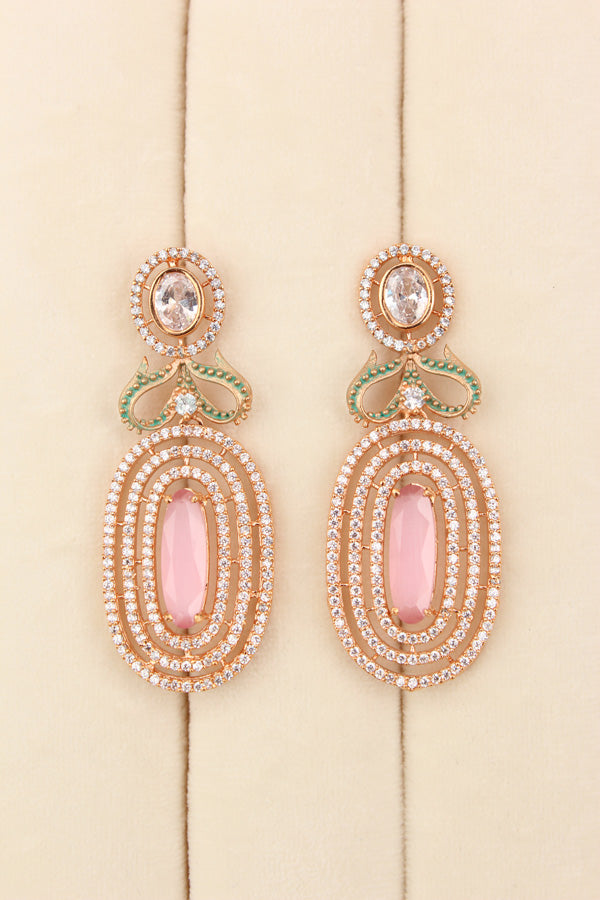 Short Gold Polish Danglers With Center Pink Colour Stones (ADE012-P)