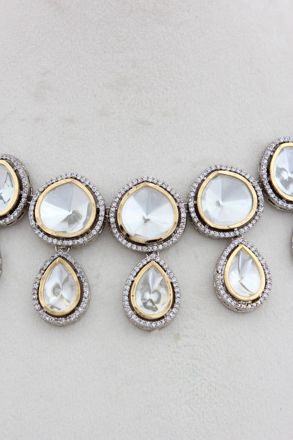 Silver And Gold Polish Kundan Necklace Set With Earrings(NK017-Kundan)