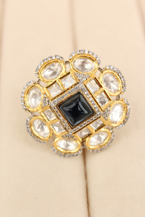 Silver Plated Quality Kundan Ring With Flower Design And Blue Colour Center Stone And Small American Diamonds (KR013-B)