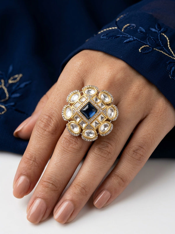 Silver Plated Quality Kundan Ring With Flower Design And Blue Colour Center Stone And Small American Diamonds