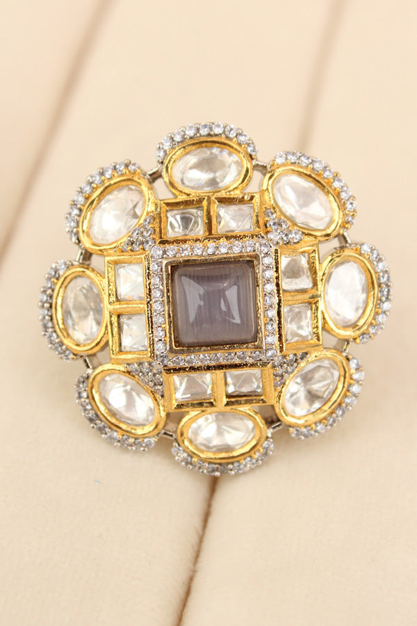 Silver Plated Quality Kundan Ring With Flower Design And Grey Colour Center Stone And Small American Diamonds (KR013-GY)