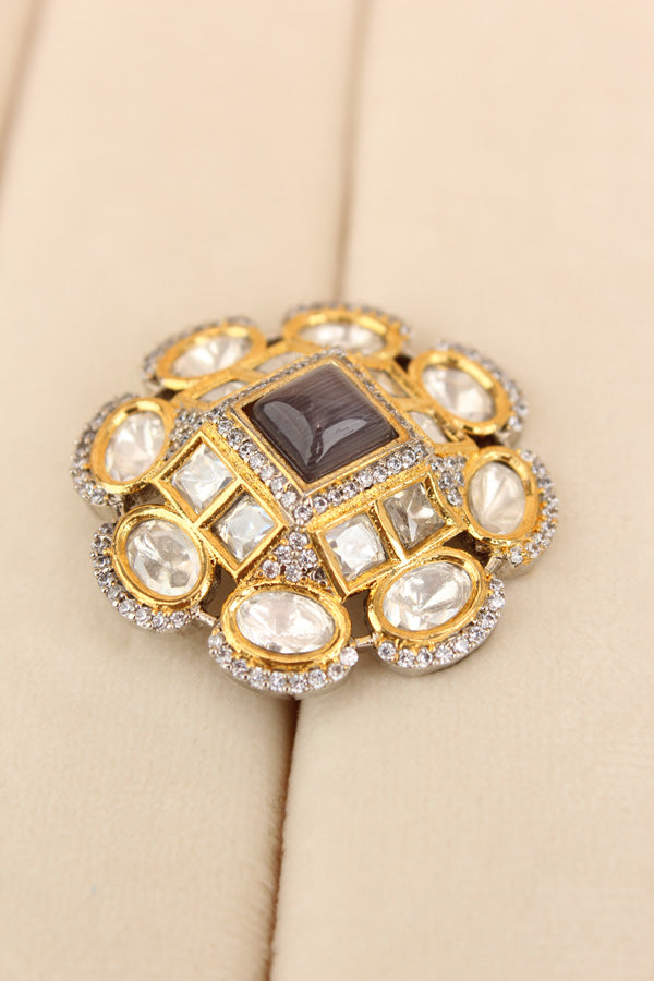 Silver Plated Quality Kundan Ring With Flower Design And Grey Colour Center Stone And Small American Diamonds (KR013-GY)