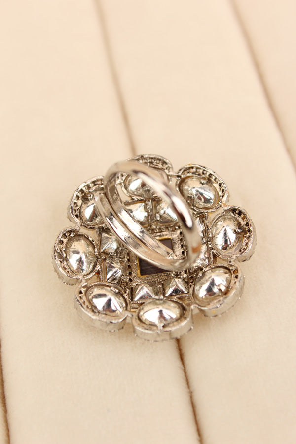 Silver Plated Quality Kundan Ring With Flower Design And Grey Colour Center Stone And Small American Diamonds (KR013-GY)