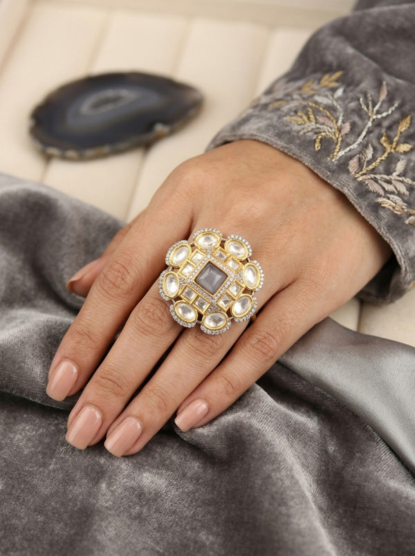 Silver Plated Quality Kundan Ring With Flower Design And Grey Colour Center Stone And Small American Diamonds (KR013-GY)