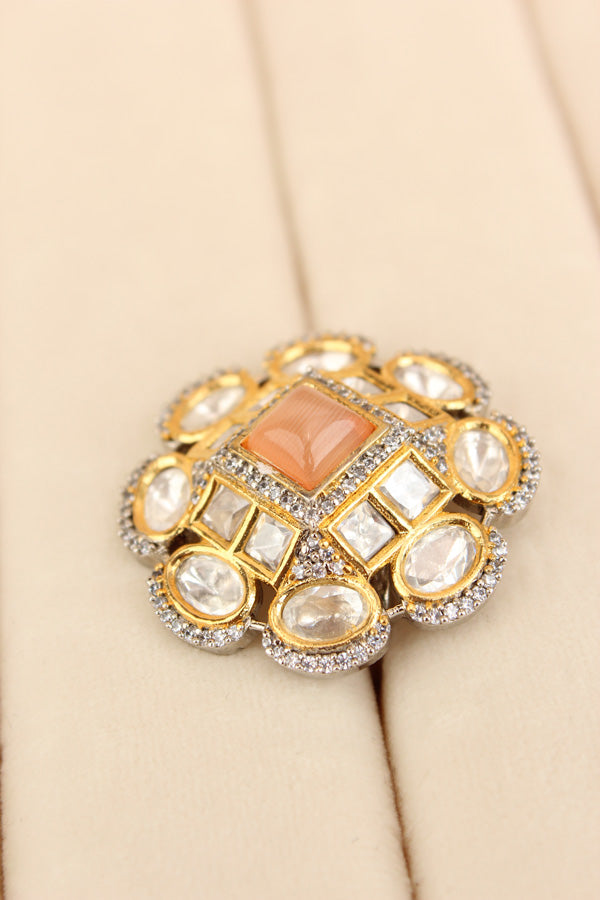 Silver Plated Quality Kundan Ring With Flower Design And Peach Colour Center Stone And Small American Diamonds (KR013-PE)