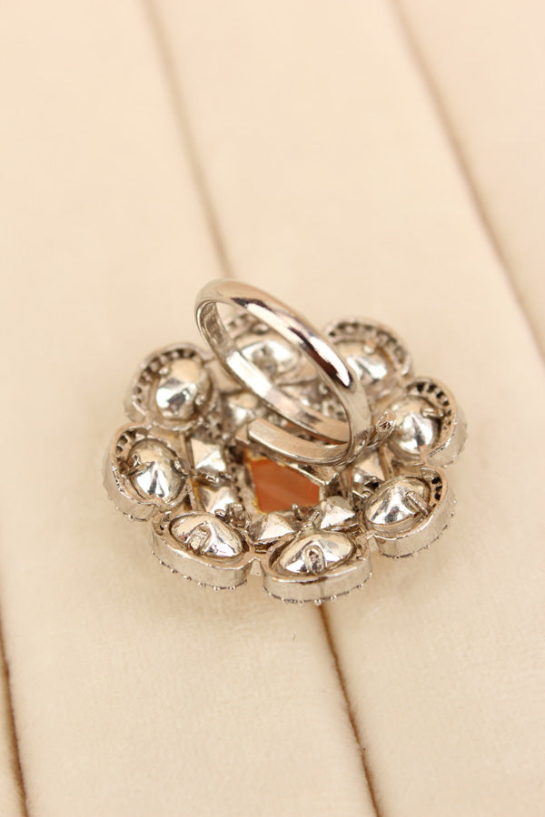 Silver Plated Quality Kundan Ring With Flower Design And Peach Colour Center Stone And Small American Diamonds (KR013-PE)