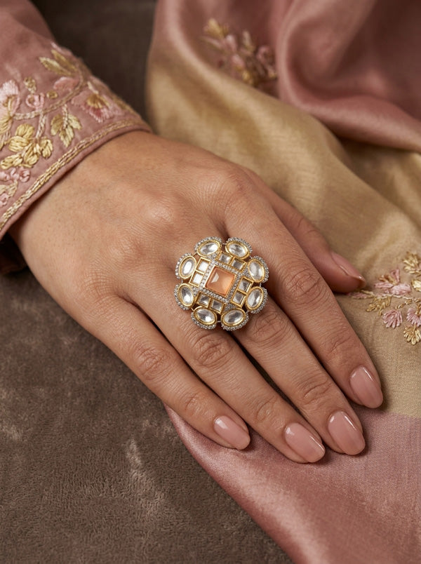 Silver Plated Quality Kundan Ring With Flower Design And Peach Colour Center Stone And Small American Diamonds