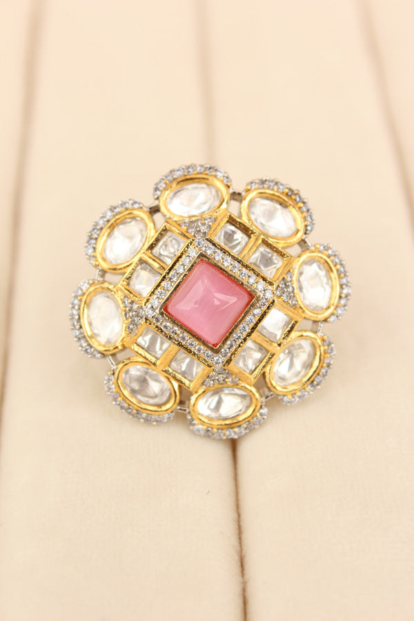 Silver Plated Quality Kundan Ring With Flower Design And Pink Colour Center Stone And Small American Diamonds (KR013-P)