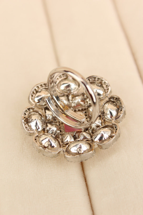 Silver Plated Quality Kundan Ring With Flower Design And Pink Colour Center Stone And Small American Diamonds (KR013-P)