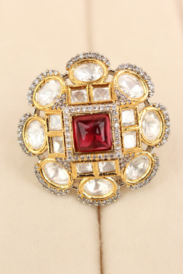 Silver Plated Quality Kundan Ring With Flower Design And Red Colour Center Stone And Small American Diamonds (KR013-R)