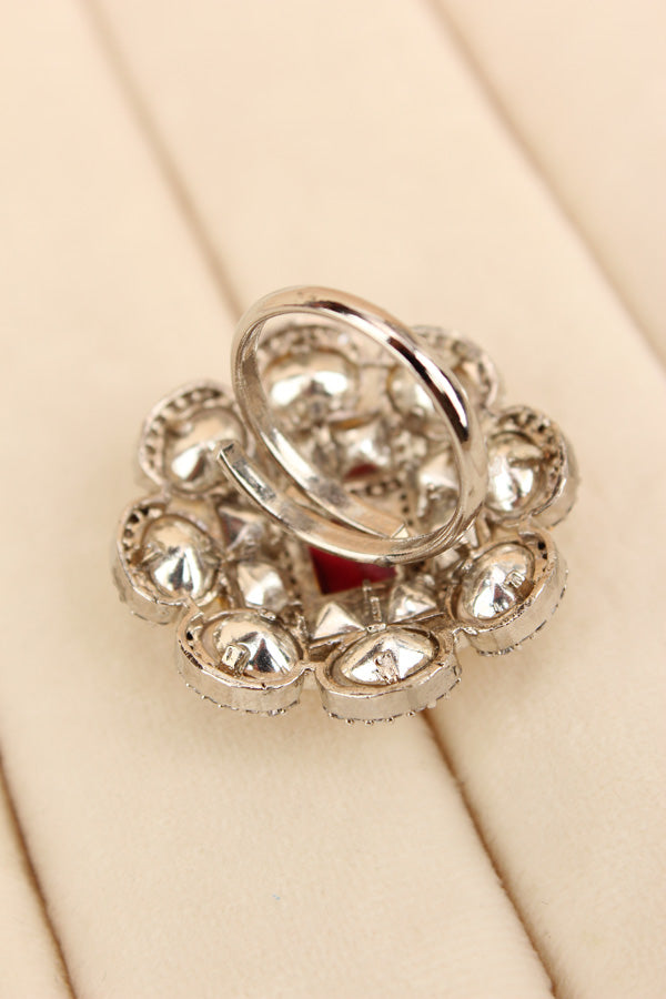 Silver Plated Quality Kundan Ring With Flower Design And Red Colour Center Stone And Small American Diamonds (KR013-R)