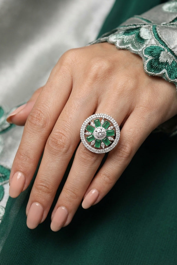 Silver Polish American Diamond Adjustable Ring With Small Flower Design And Green Stones (ADR005-G)