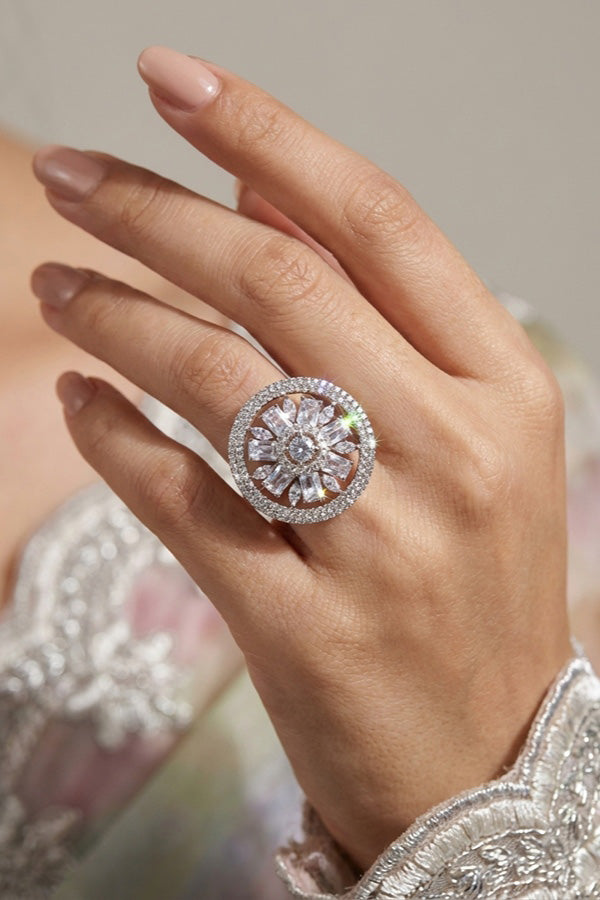 Silver Polish American Diamond Adjustable Ring With Small Flower Design And Silver Stones (ADR005-S)