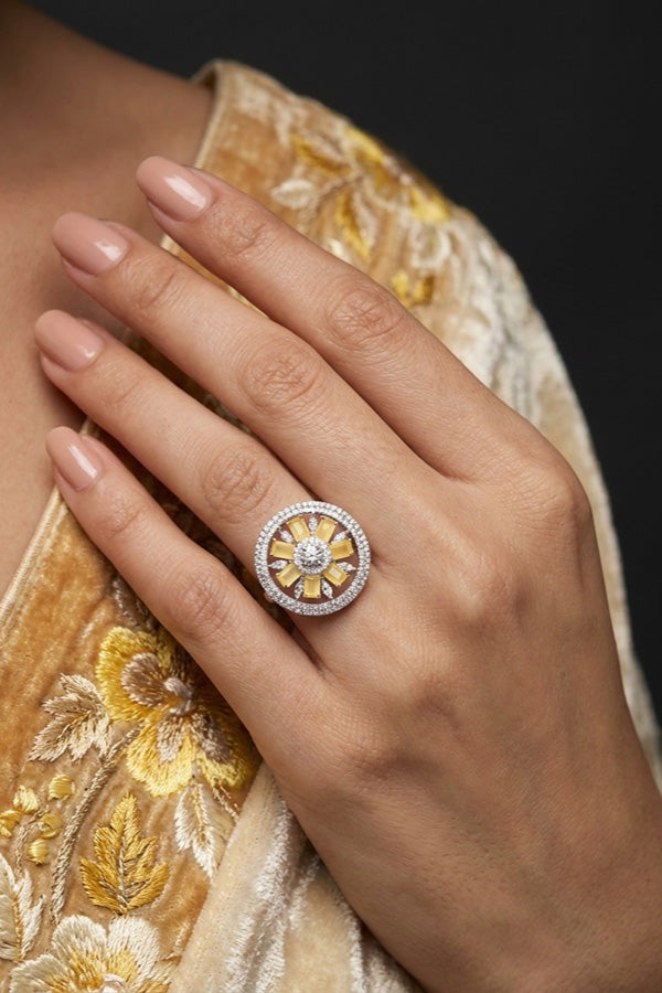 Silver Polish American Diamond Adjustable Ring With Small Flower Design And Yellow Stones (ADR005-Y)