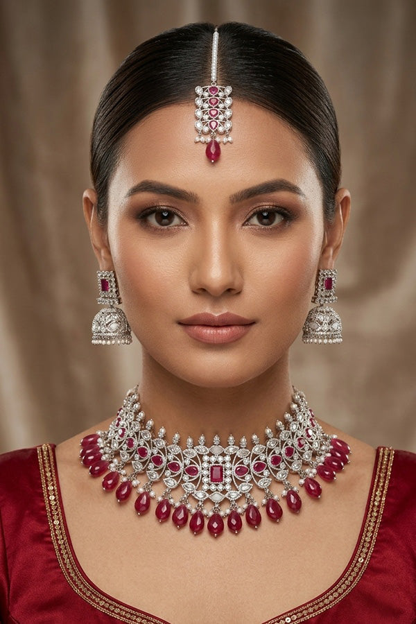 Silver Polish Choker Set With Ruby Red Stones And Flat Pearls Also With Jhumka Earrings And Small Tikka  (CS019-RU-Polki-B3)