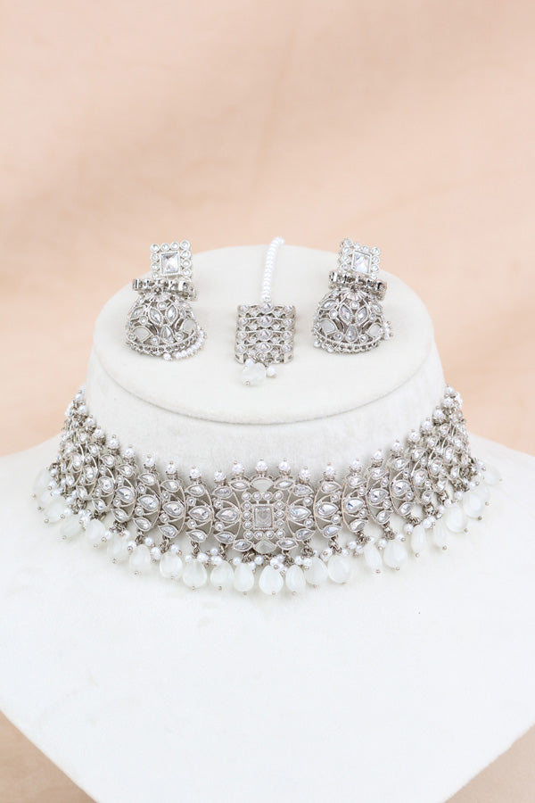 Silver Polish Choker Set With Silver Stones And Flat Pearls Also With Jhumka Earrings And Small Tikka  (CS019-S-Polki-B3)