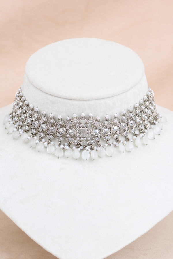 Silver Polish Choker Set With Silver Stones And Flat Pearls Also With Jhumka Earrings And Small Tikka  (CS019-S-Polki-B3)