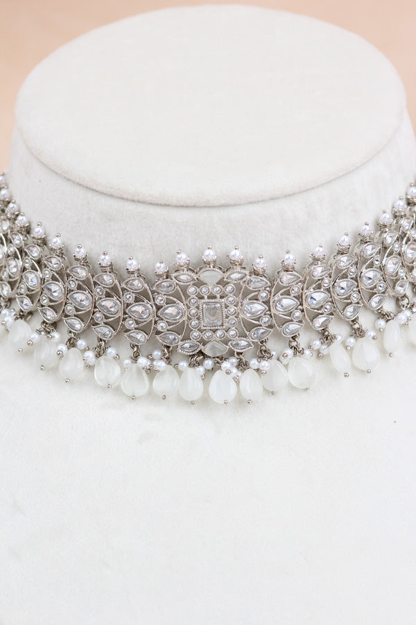 Silver Polish Choker Set With Silver Stones And Flat Pearls Also With Jhumka Earrings And Small Tikka  (CS019-S-Polki-B3)