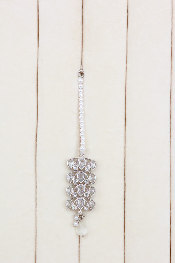 Silver Polish Choker Set With Silver Stones And Flat Pearls Also With Jhumka Earrings And Small Tikka  (CS019-S-Polki-B3)