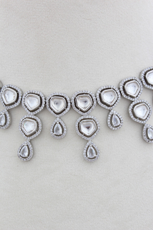 Silver Polish Kundan Necklace Set With American Diamonds And Long Earrings (NK023S-Kundan)