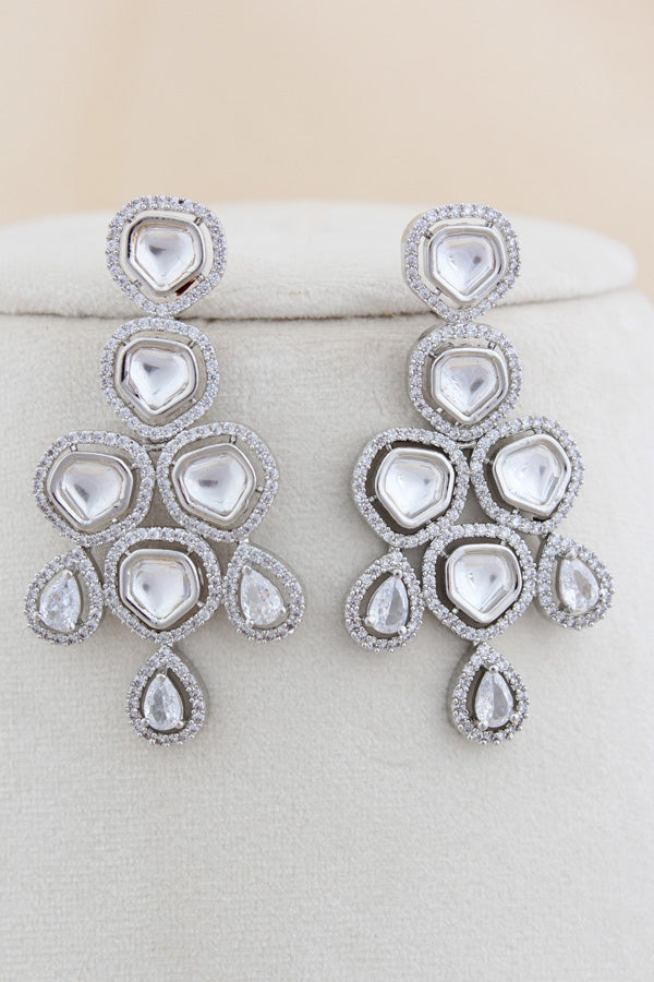 Silver Polish Kundan Necklace Set With American Diamonds And Long Earrings (NK023S-Kundan)