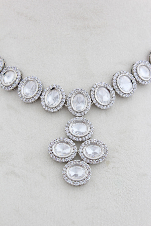 Silver Polish Kundan Necklace Set With American Diamonds And Matching Earrings(NK013S-Kundan)