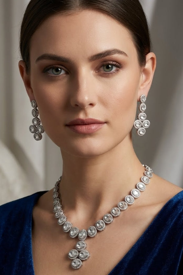 Silver Polish Kundan Necklace Set With American Diamonds And Matching Earrings(NK013S-Kundan)