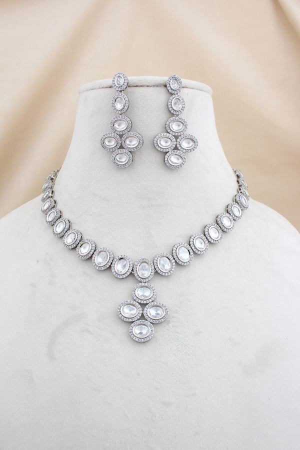 Silver Polish Kundan Necklace Set With American Diamonds And Matching Earrings(NK013S-Kundan)