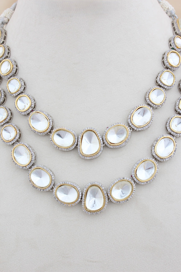 Silver Polish Kundan Necklace Set With Long Earrings (NK031-Kundan)