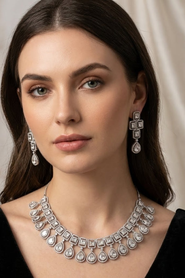 Silver Polish Kundan Necklace Set With Matching Earring(NK014S-Kundan)