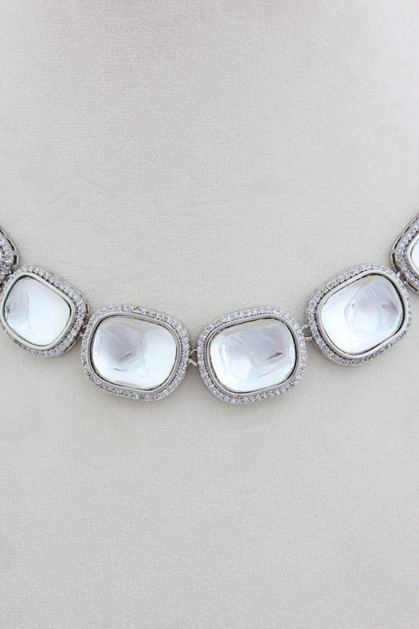 Silver Polish Kundan Necklace Set With Matching Earrings(NK018-Kundan)