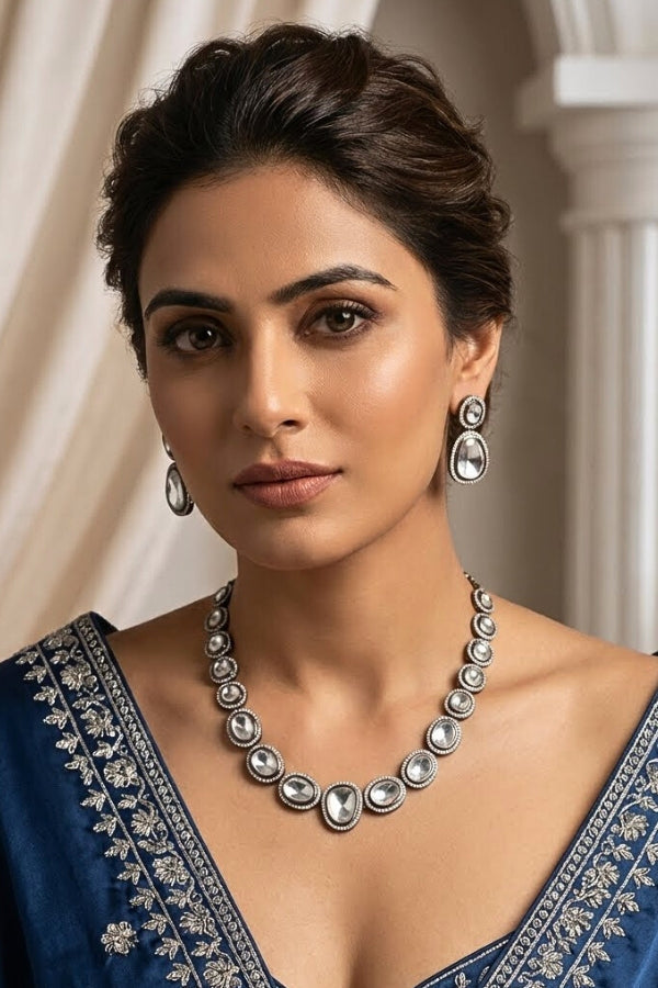 Black Polish Kundan Necklace Set With Matching Earrings (NK032BL-Kundan)