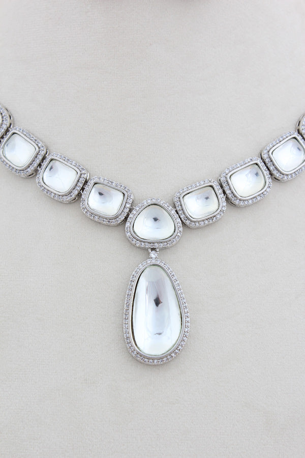Silver Polish Kundan Necklace With Matching Earrings(NK019-Kundan)