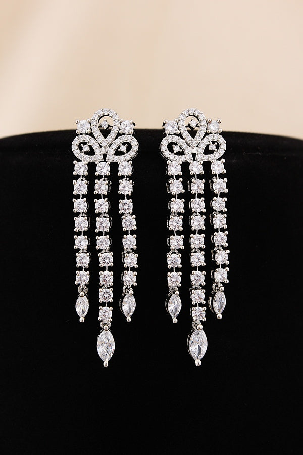 Triple Layer Necklace Set In A Glamorous And Royal Look With Silver Colour Stones And Long Matching Earrings (NS007-AD-S)