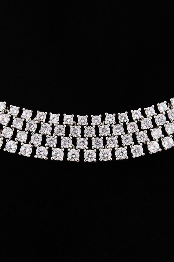 Triple Layer Necklace Set In A Glamorous And Royal Look With Silver Colour Stones And Long Matching Earrings (NS007-AD-S)